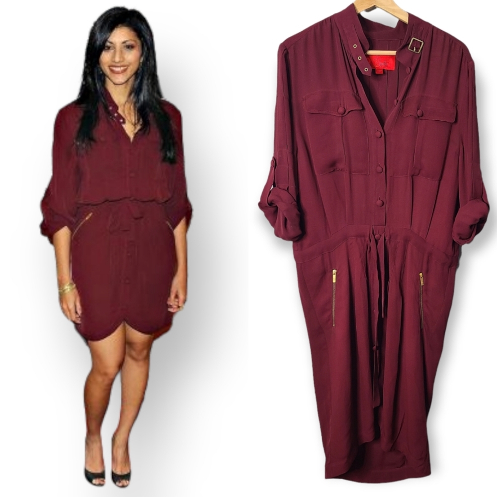 Zac Posen Z Spoke 100% Silk Button Front Buckle Shirt Dress